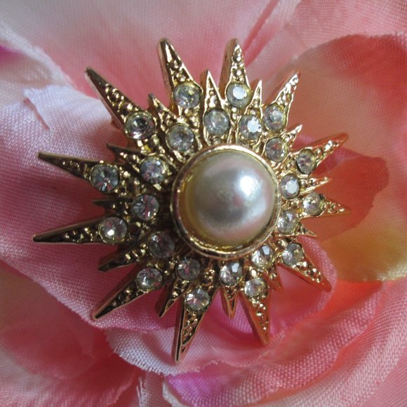 🌹 GOLD CRYSTAL DOUBLE/MULTI POINT STAR - PEARL BROOCH – VINTAGE 🌹 - Picture 3 of 15